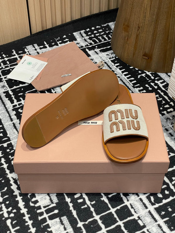 Miu 25S Beige and Brandy Canvas and leather slides 227134