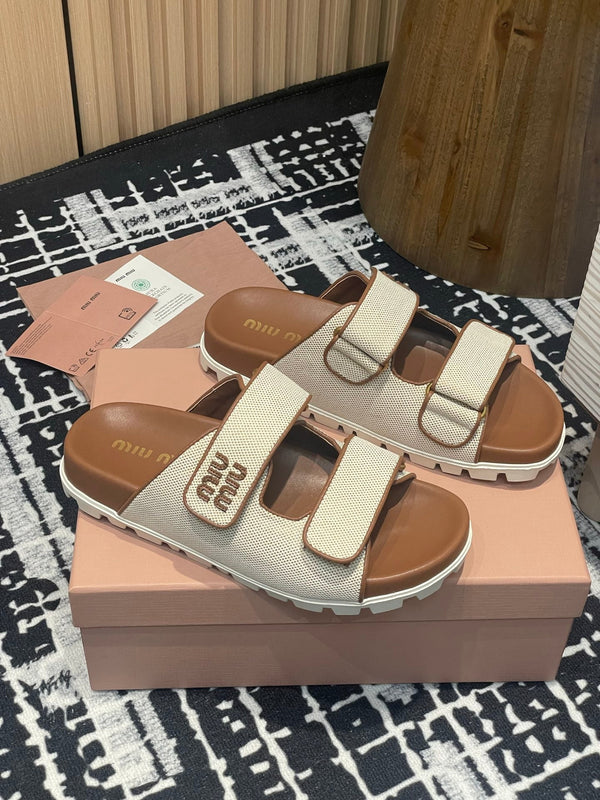 Miu 25S Beige and Brandy Canvas slides 227136