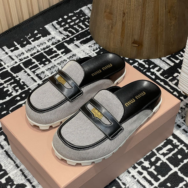 Miu 25S Beige and Black Canvas and leather Mules 227137