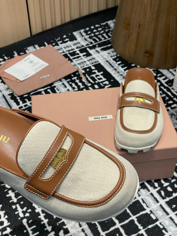 Miu 25S Beige and Brandy Canvas and leather Mules 227138