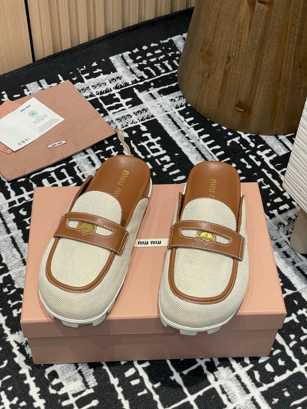 Miu 25S Beige and Brandy Canvas and leather Mules 227138