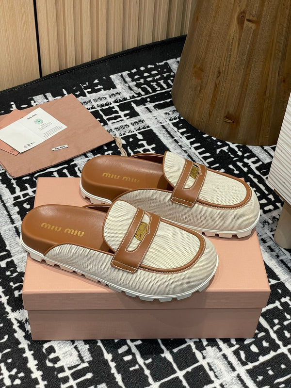 Miu 25S Beige and Brandy Canvas and leather Mules 227138