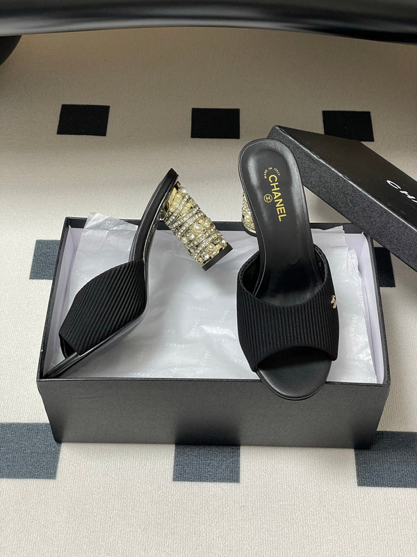 CC 25p Sandal Heel 8cm Black Cloth