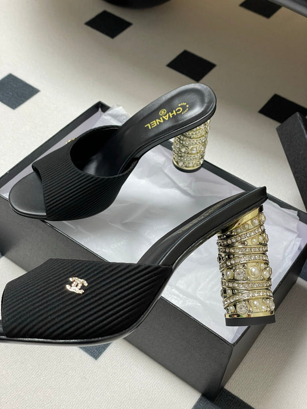 CC 25p Sandal Heel 8cm Black Cloth