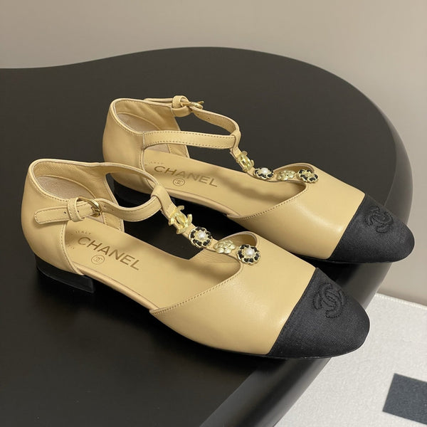 CC 25S Jewelry Double C Buckle T-Strap Mary Jane Beige Lambskin Black Grosgrain 247712