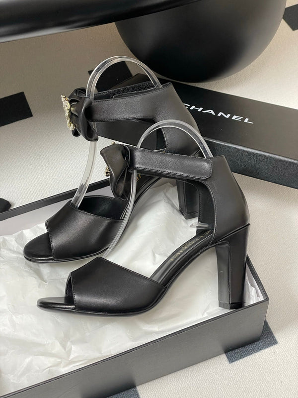 CC 25S Double C Rhinestone Buckle Bow High Heel Sandal 85 Black Sheepskin 247568