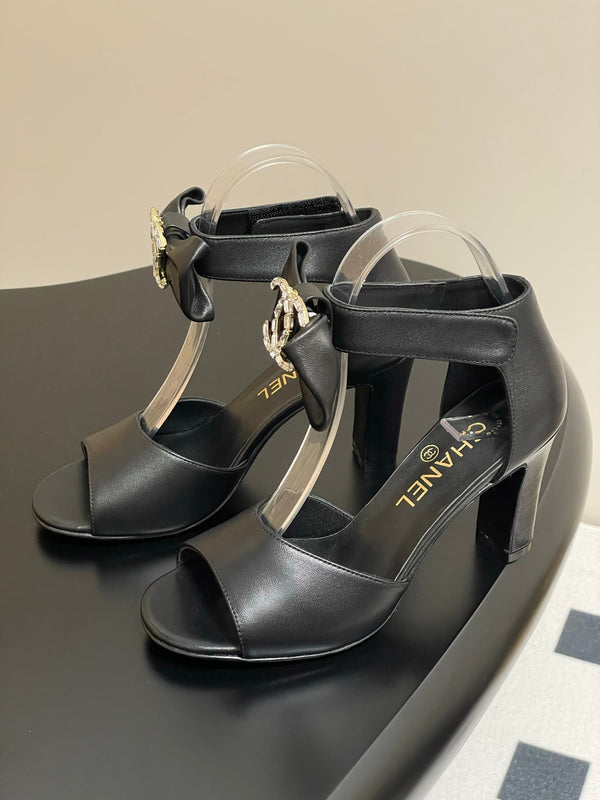 CC 25S Double C Rhinestone Buckle Bow High Heel Sandal 85 Black Sheepskin 247568