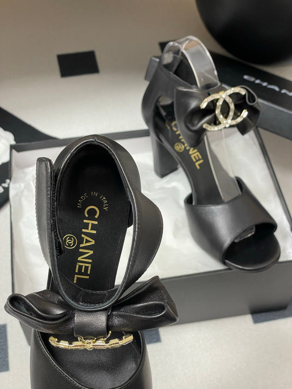 CC 25S Double C Rhinestone Buckle Bow High Heel Sandal 85 Black Sheepskin 247568