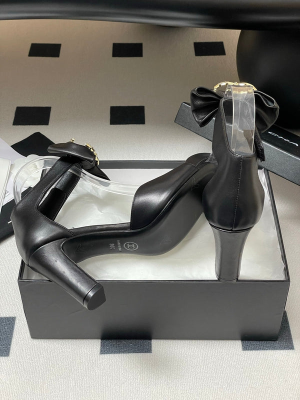 CC 25S Double C Rhinestone Buckle Bow High Heel Sandal 85 Black Sheepskin 247568