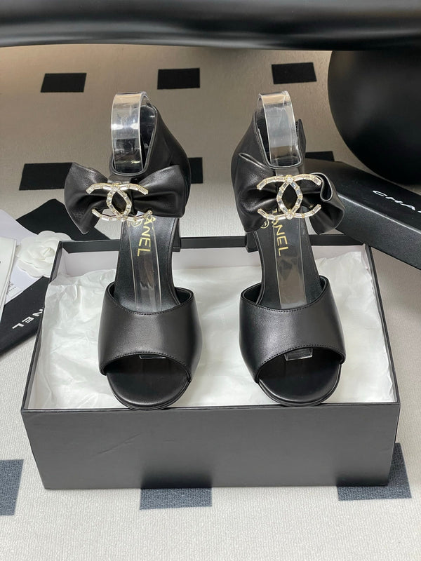 CC 25S Double C Rhinestone Buckle Bow High Heel Sandal 85 Black Sheepskin 247568