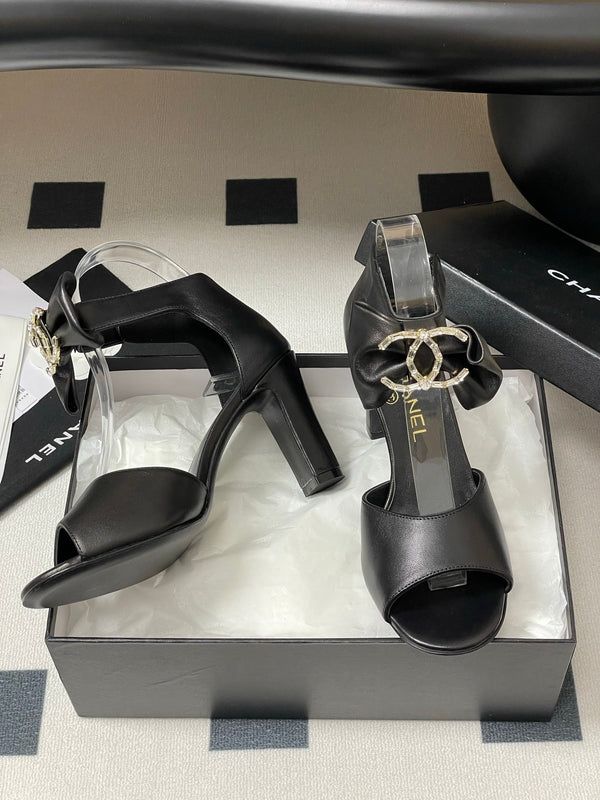 CC 25S Double C Rhinestone Buckle Bow High Heel Sandal 85 Black Sheepskin 247568