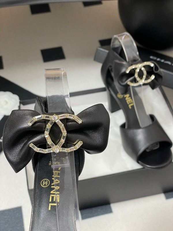 CC 25S Double C Rhinestone Buckle Bow High Heel Sandal 85 Black Sheepskin 247568