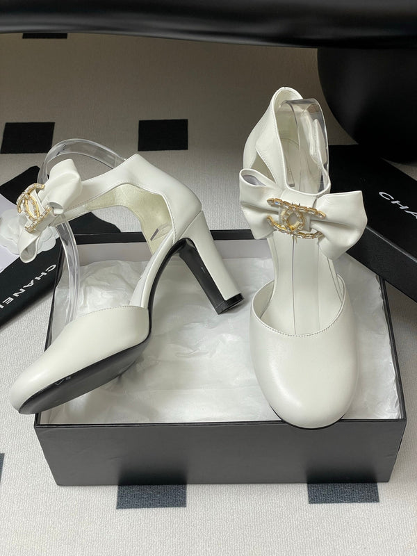 CC 25S Double C Rhinestone Buckle Bow High Heel Pump 85 White Sheepskin 247572