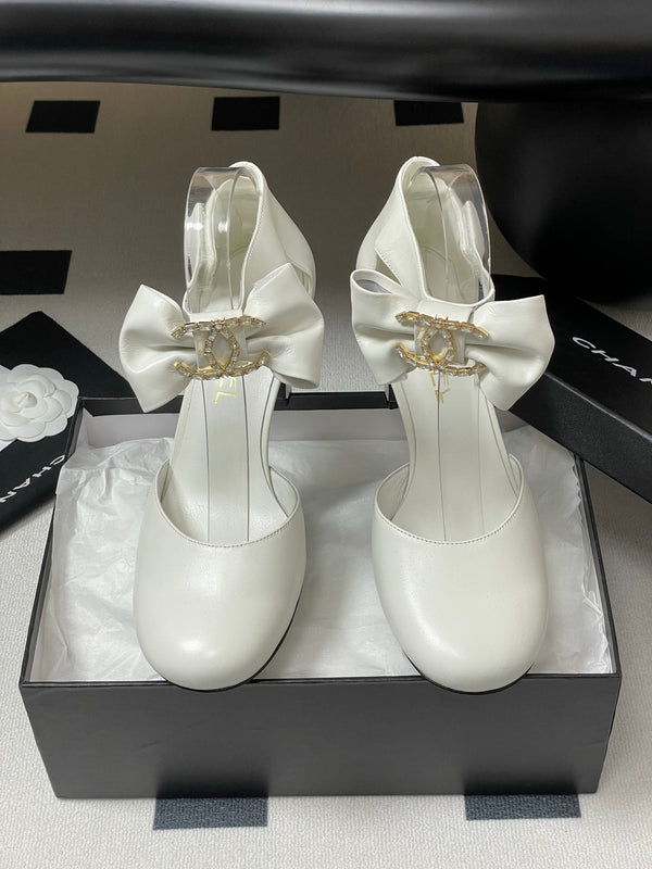 CC 25S Double C Rhinestone Buckle Bow High Heel Pump 85 White Sheepskin 247572