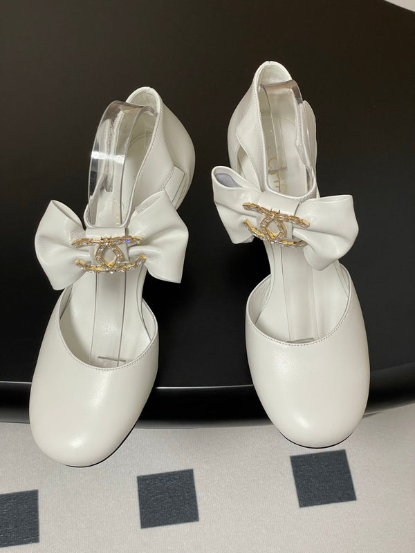 CC 25S Double C Rhinestone Buckle Bow High Heel Pump 85 White Sheepskin 247572