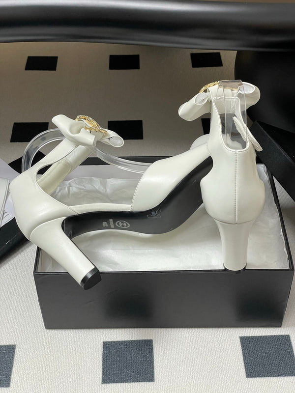 CC 25S Double C Rhinestone Buckle Bow High Heel Pump 85 White Sheepskin 247572