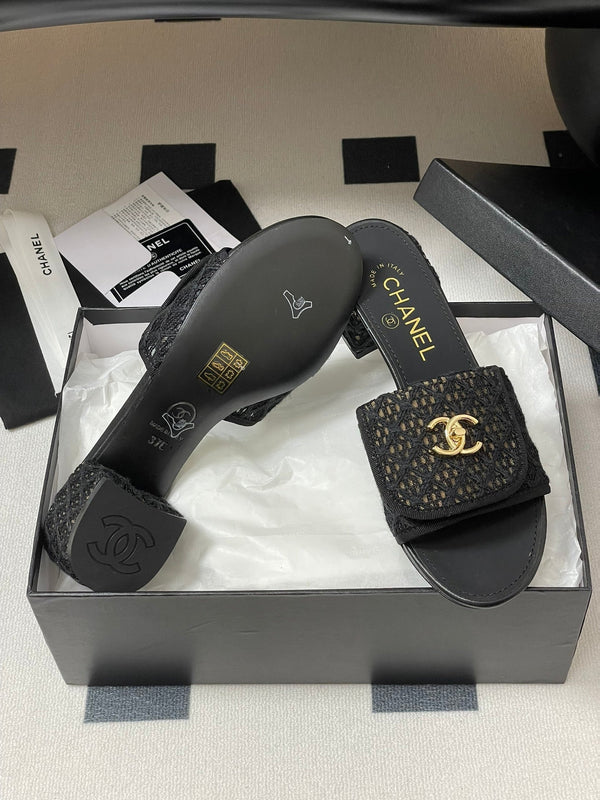 CC 25S Sandalo con fibbia e mulo 50mm Tessuto di pizzo nero e pelle di pecora 247593