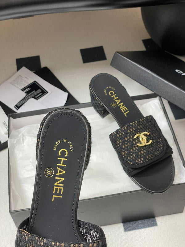 CC 25S Sandalo con fibbia e mulo 50mm Tessuto di pizzo nero e pelle di pecora 247593