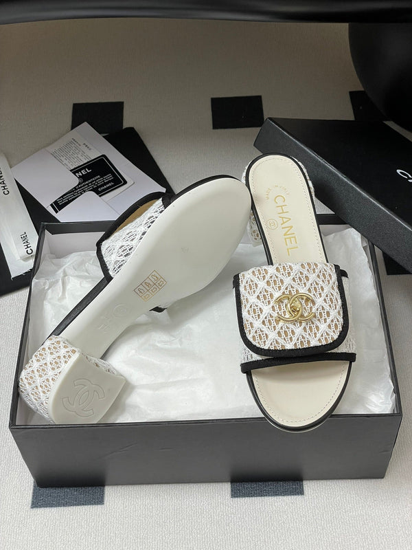 CC 25S Buckle Bag Mule Sandal 50mm White Mix Black Lace Fabric and Sheepskin 247594