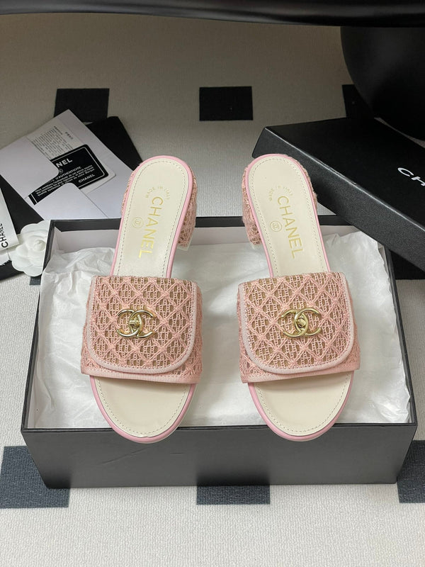 CC 25S Buckle Bag Mule Sandal 50mm Pink Lace Fabric and White Sheepskin 247596