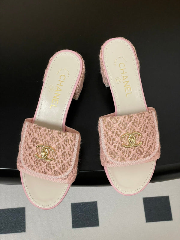 CC 25S Buckle Bag Mule Sandal 50mm Pink Lace Fabric and White Sheepskin 247596