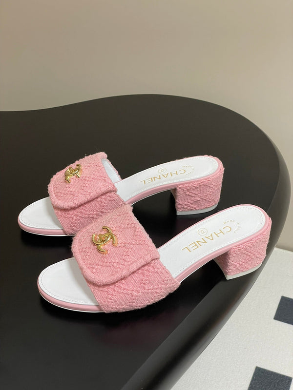 CC 25S Buckle Bag Mule Sandal 50mm Pink Fabric and White Sheepskin 247602