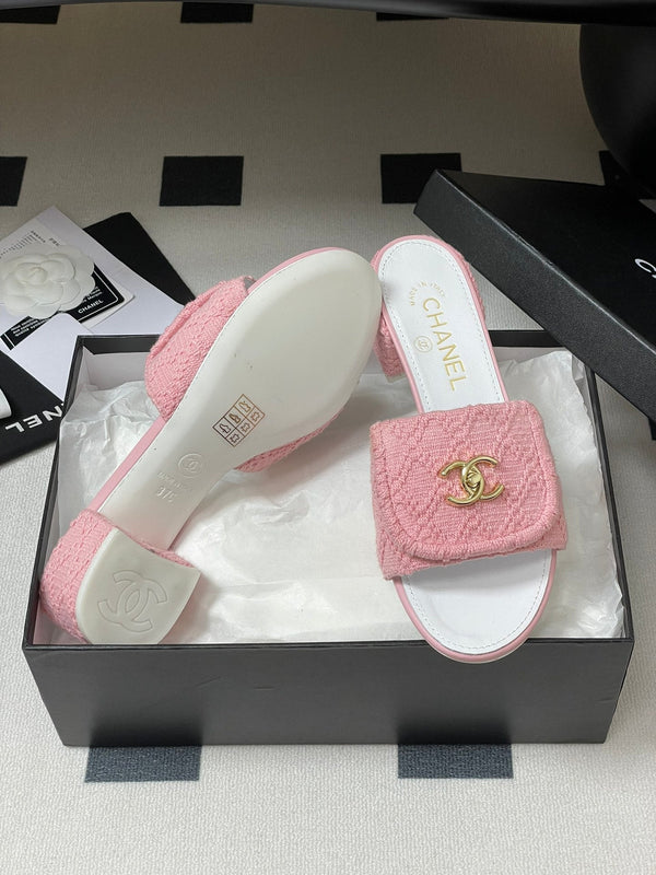 CC 25S Buckle Bag Mule Sandal 50mm Pink Fabric and White Sheepskin 247602