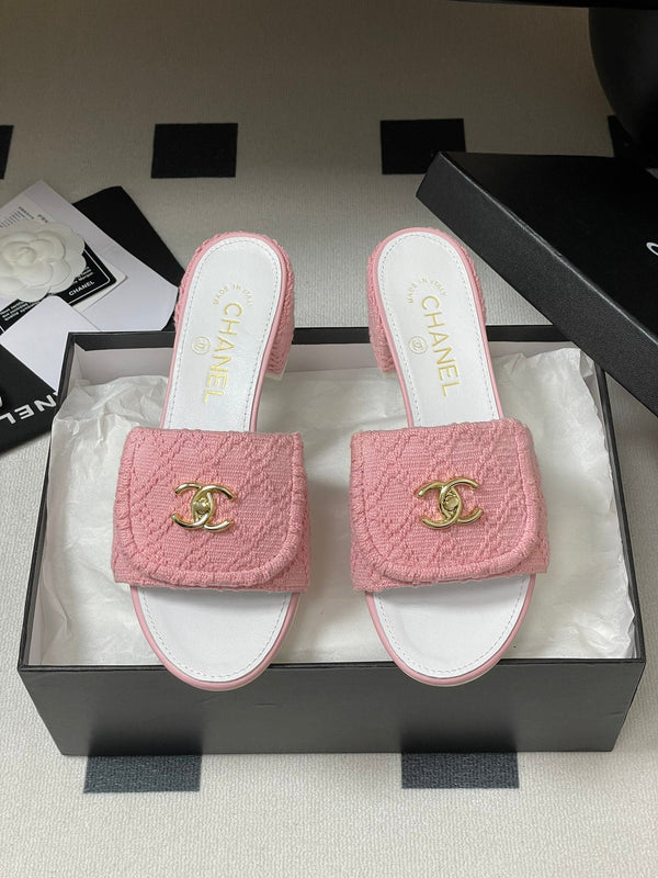 CC 25S Buckle Bag Mule Sandal 50mm Pink Fabric and White Sheepskin 247602