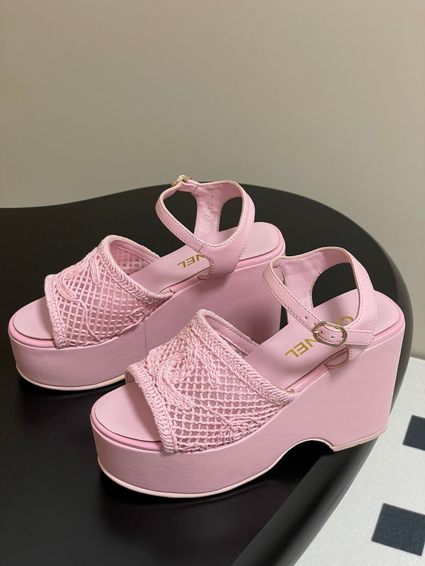 CC 25S Small Wedge Thick-Soled Sandal 10cm Pink Woven 247604