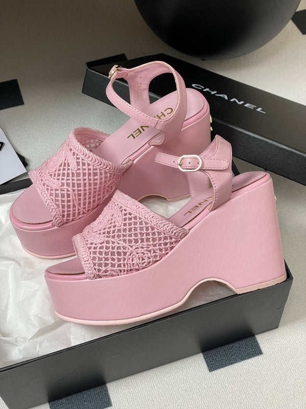 CC 25S Small Wedge Thick-Soled Sandal 10cm Pink Woven 247604