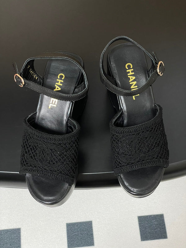 CC 25S Small Wedge Thick-Soled Sandal 10cm Black Woven 247606