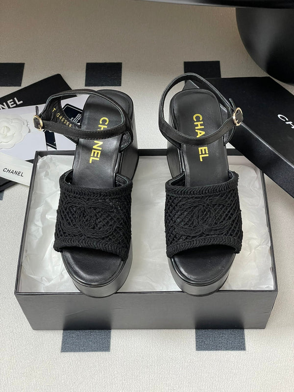 CC 25S Small Wedge Thick-Soled Sandal 10cm Black Woven 247606