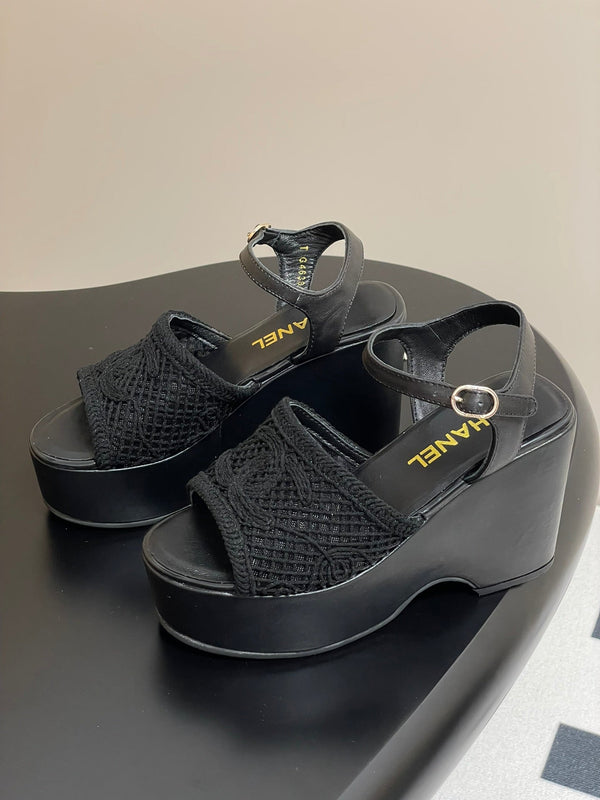 CC 25S Small Wedge Thick-Soled Sandal 10cm Black Woven 247606