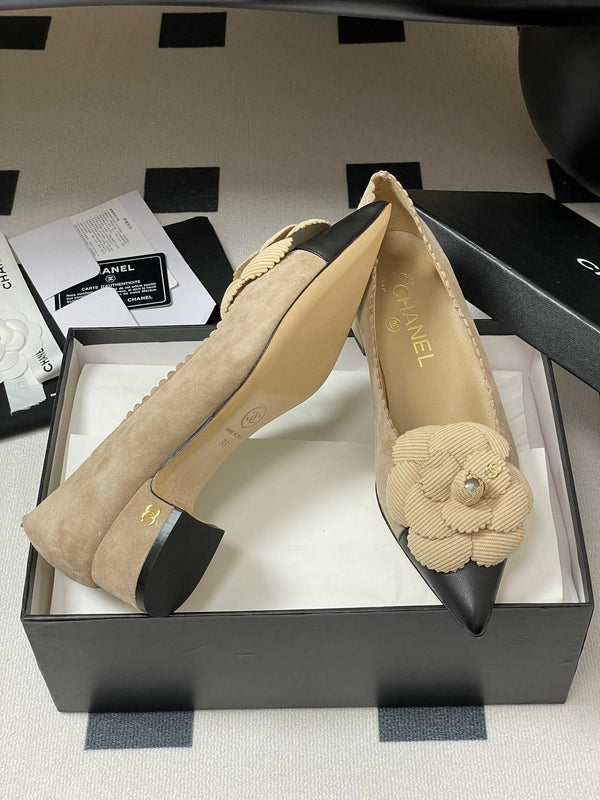 CC 25C Classic Camellia Pointed High Heels Flat 15mm Beige Suede 247608