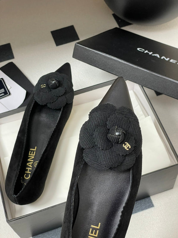 CC 25C Classic Camellia Pointed High Heels Flat 15mm Black Suede 247610