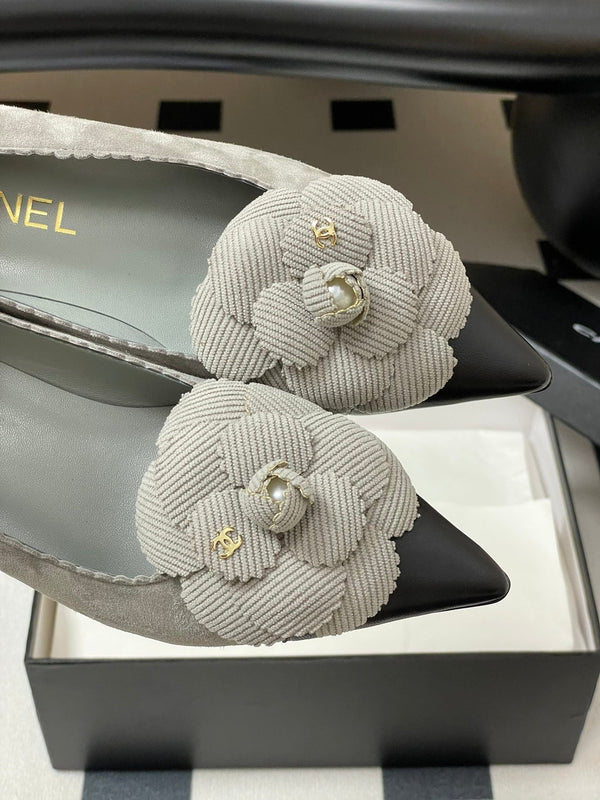 CC 25C Classic Camellia Pointed High Heels Pump 35mm Grey Suede 247611