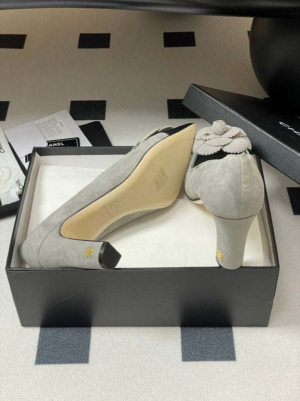 CC 25C Classic Camellia Pointed High Heels Pump 85mm Grey Suede 247615