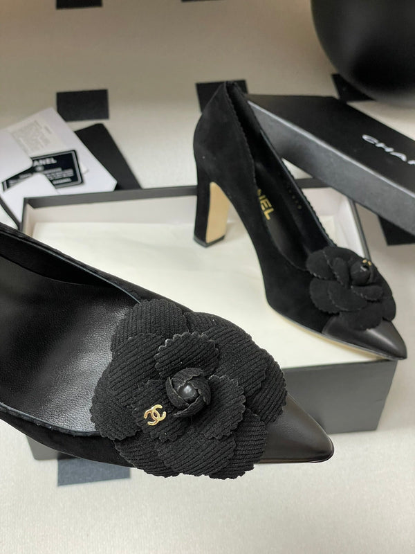 CC 25C Classic Camellia Pointed High Heels Pump 85mm Black Suede 247617