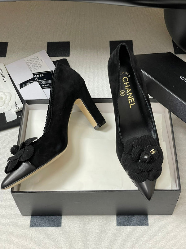 CC 25C Classic Camellia Pointed High Heels Pump 85mm Black Suede 247617