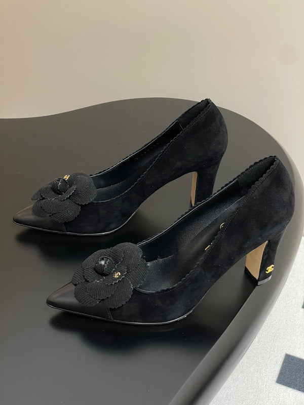 CC 25C Classic Camellia Pointed High Heels Pump 85mm Black Suede 247617