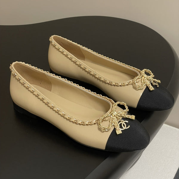 CC 25S 20mm Chain Bow Single Flat Beige Sheepskin Black Grosgrain 247654