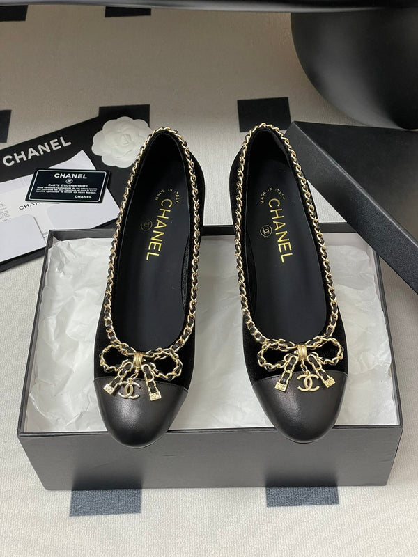CC 25S 60mm Chain Bow Single Pumps Black Velvet Sheepskin 247660