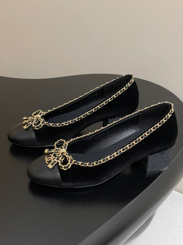 CC 25S 60mm Chain Bow Single Pumps Black Velvet Sheepskin 247660