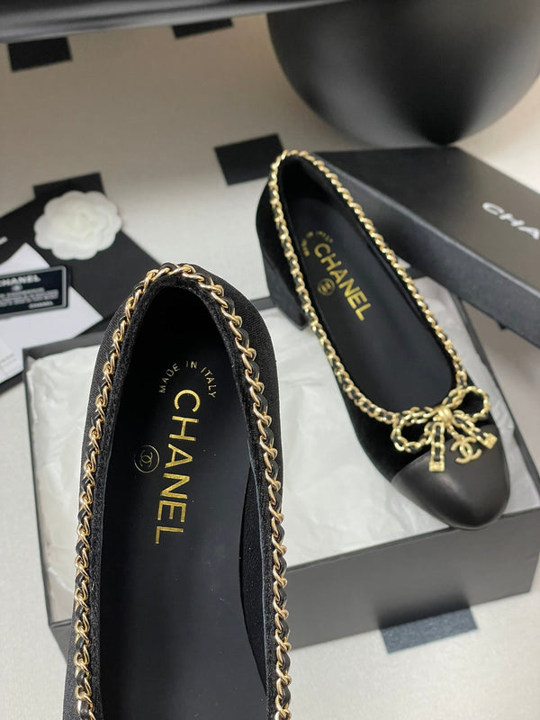 CC 25S 60mm Chain Bow Single Pumps Black Velvet Sheepskin 247660