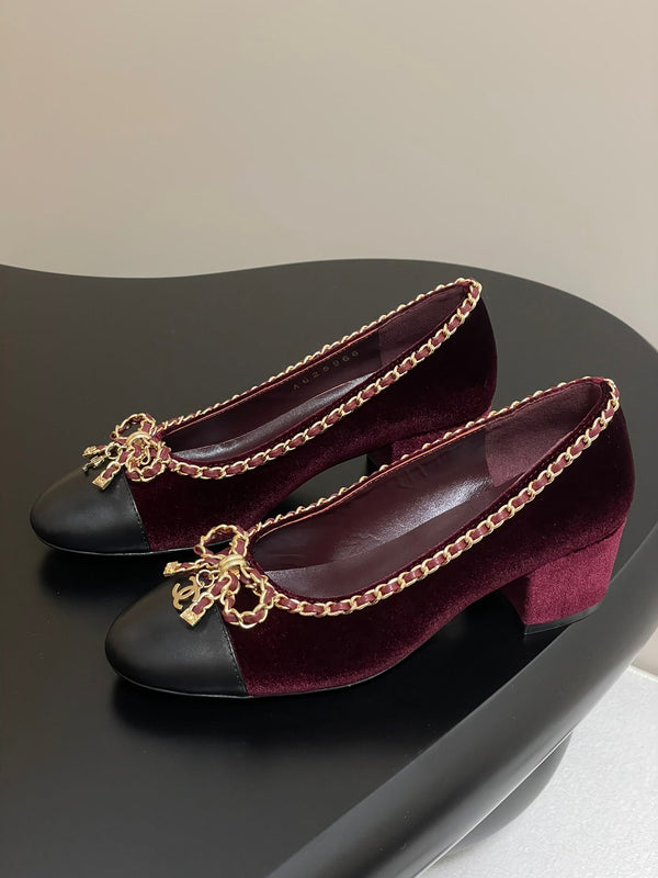 CC 25S 60mm Chain Bow Single Pumps Burgundy Velvet Black Sheepskin 247661