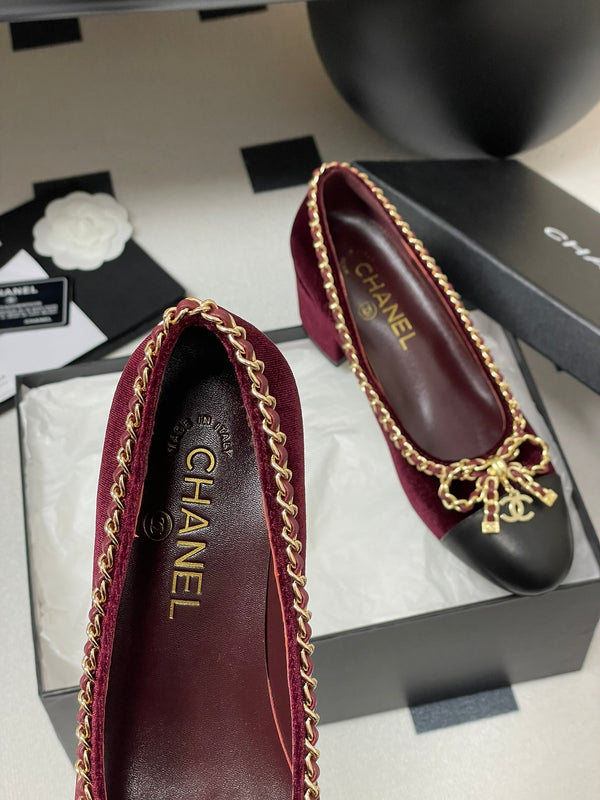 CC 25S 60mm Chain Bow Single Pumps Burgundy Velvet Black Sheepskin 247661