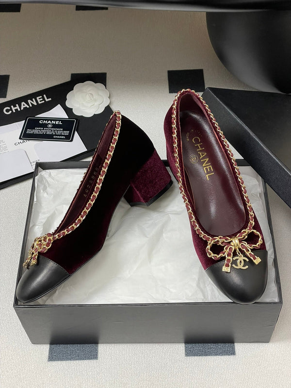 CC 25S 60mm Chain Bow Single Pumps Burgundy Velvet Black Sheepskin 247661