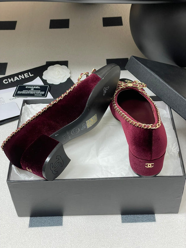 CC 25S 60mm Chain Bow Single Pumps Burgundy Velvet Black Sheepskin 247661