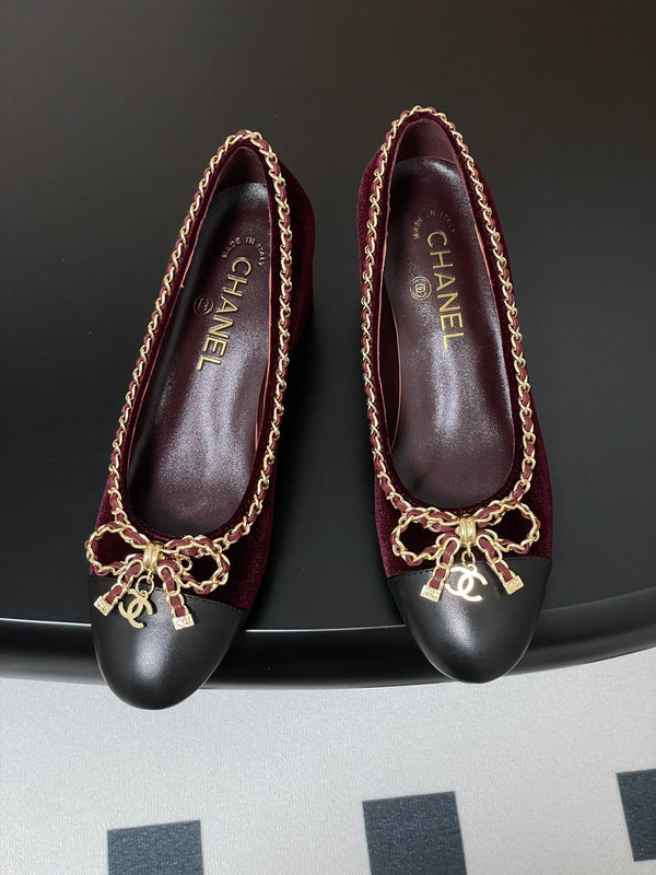 CC 25S 60mm Chain Bow Single Pumps Burgundy Velvet Black Sheepskin 247661