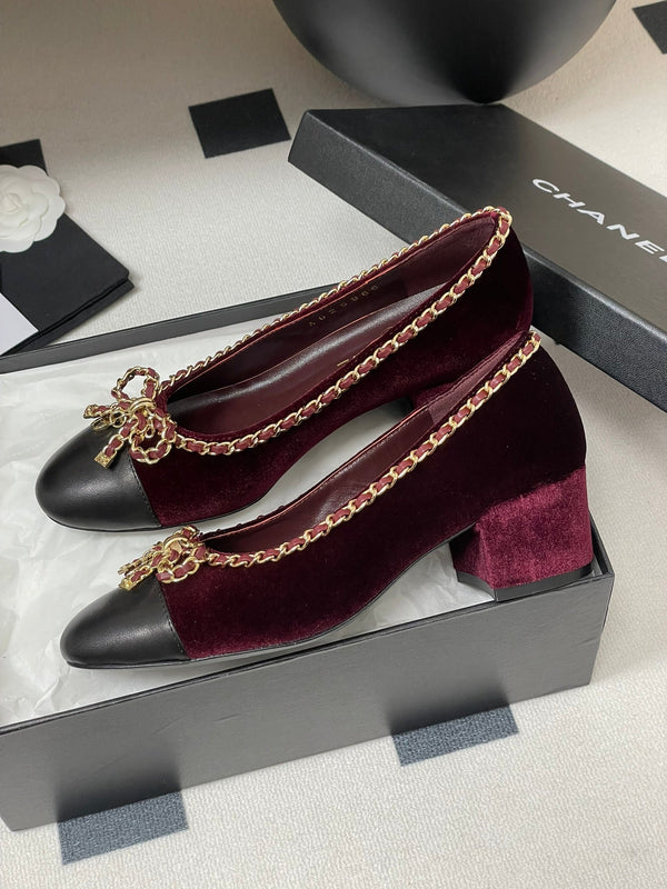 CC 25S 60mm Chain Bow Single Pumps Burgundy Velvet Black Sheepskin 247661